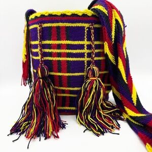 Authentic Wayuu Mochila Bag - Medium - Purple & Red Plaid Pattern - Handwoven
